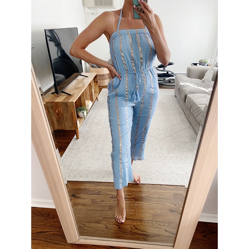Roller Rabbit Blue Striped Metallic Square Neck Jumpsuit Small
